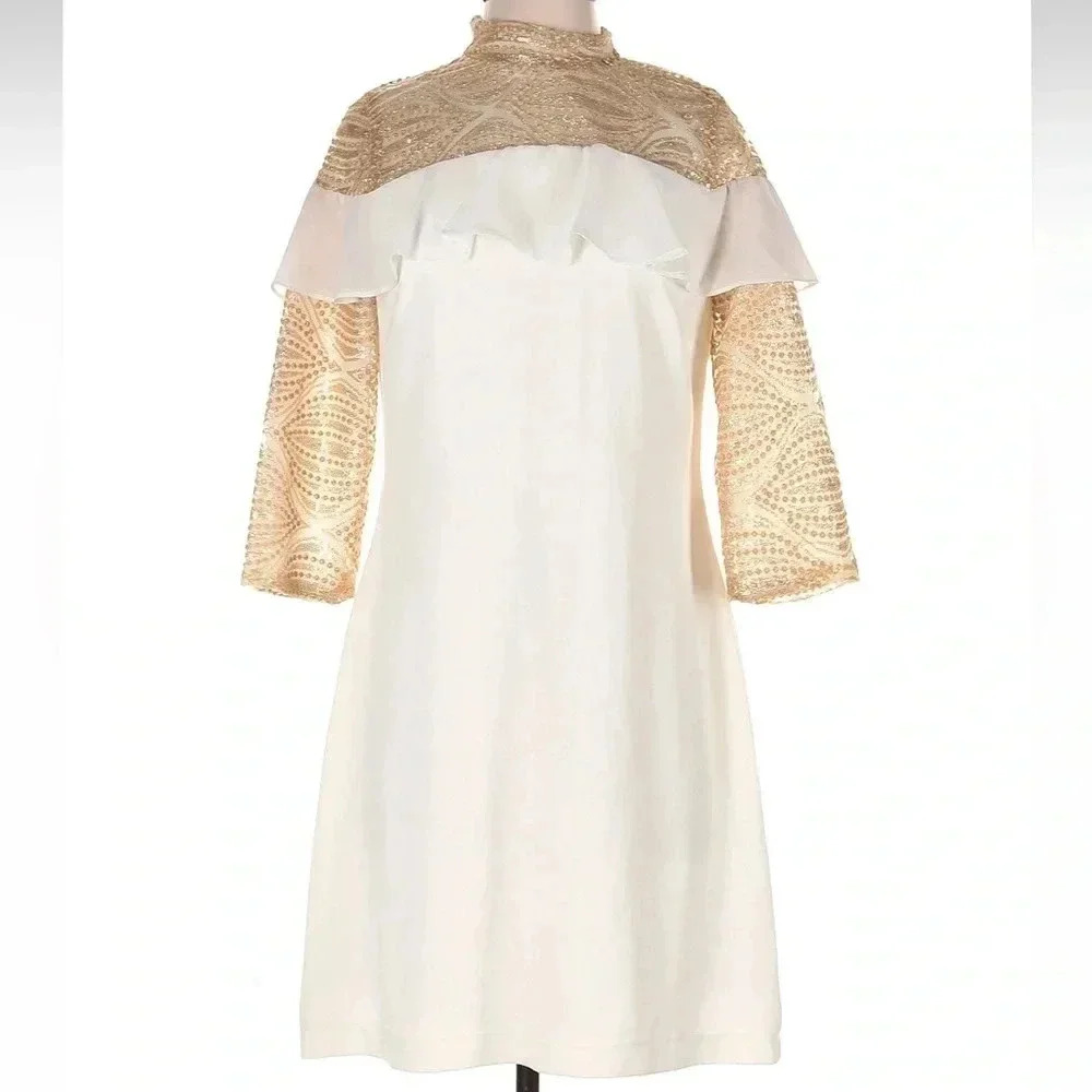 Roberta Biagi Gold Sequins 3/4 Sleeves Cocktail Ruffle Designer Dress Size S NWT